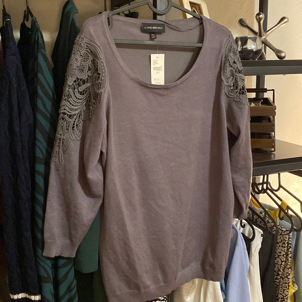 NWT grey Lane Bryant sweater with lace sleeve inserts